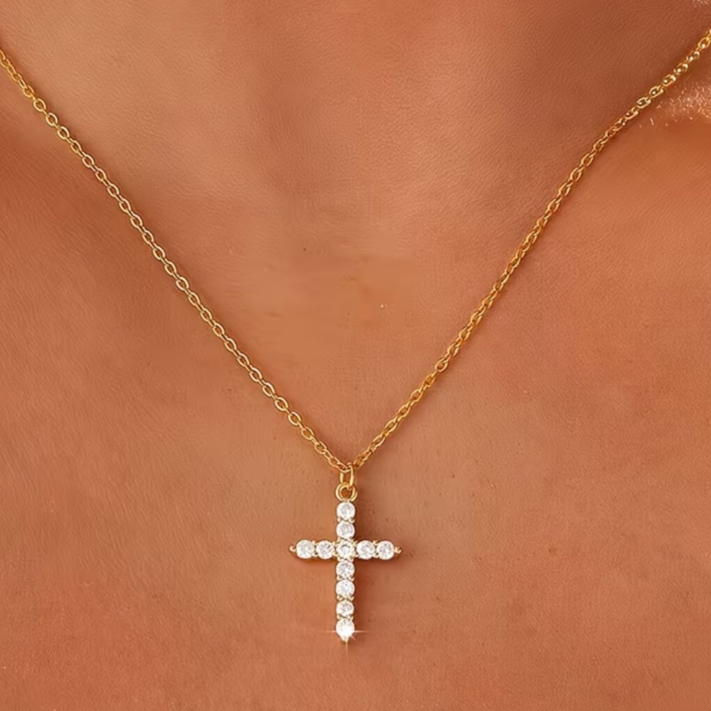 Gold Plated Cross Pendant Necklace with Crystal Accents